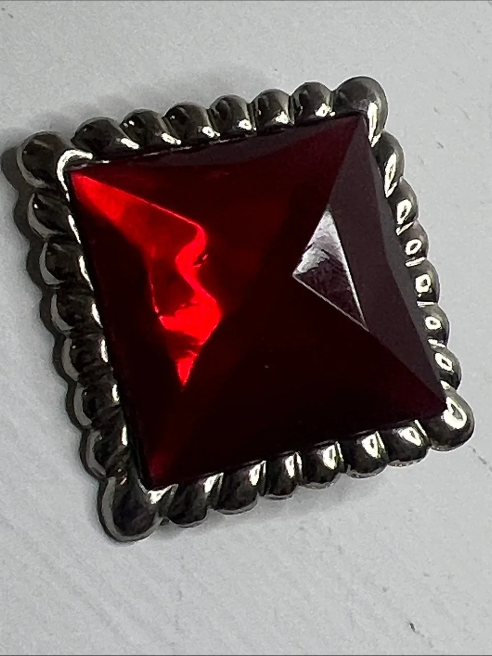 Vintage Square Red Faceted Stone Pin with Silver-Tone Bezel